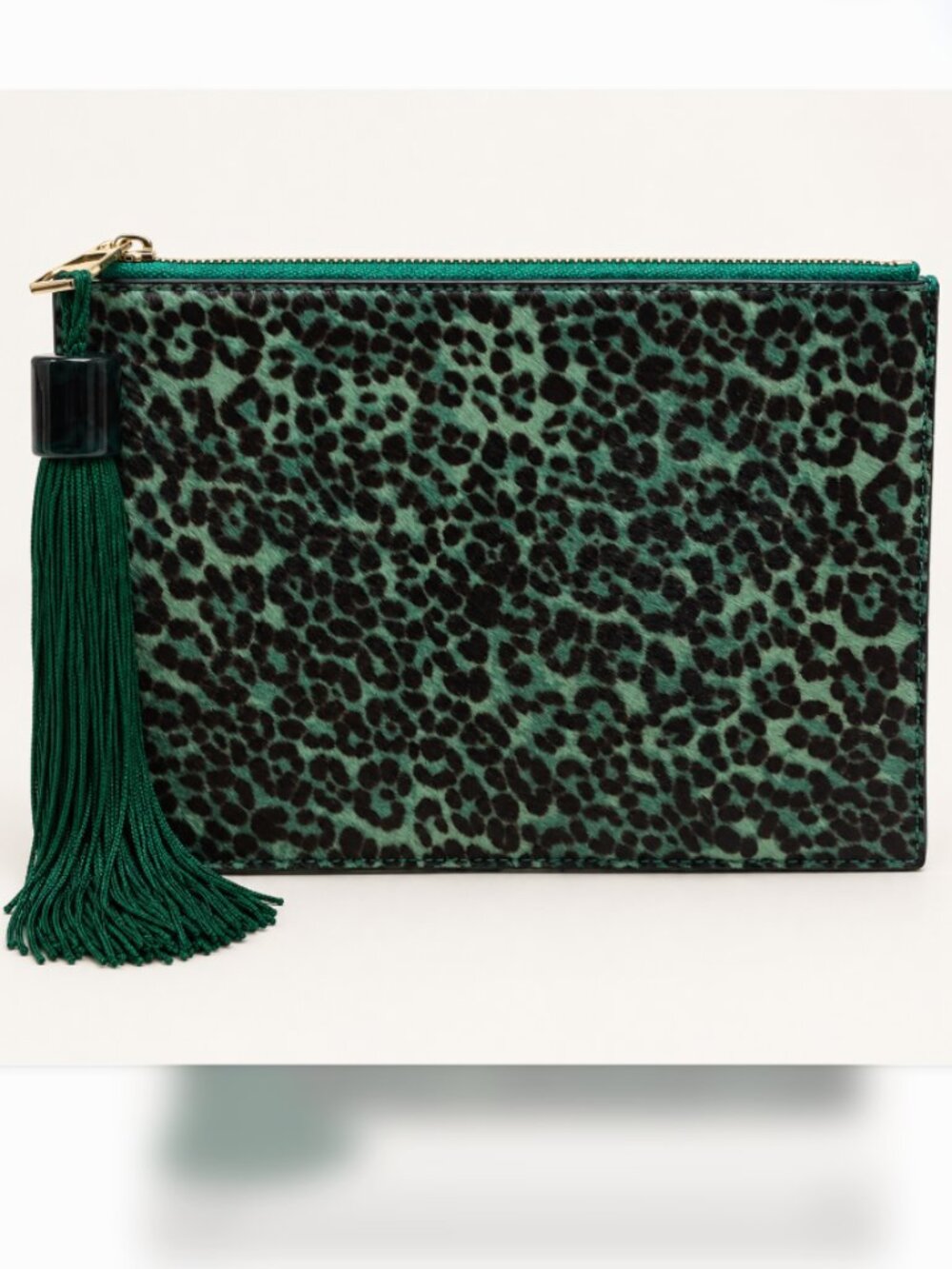 Vince Camuto Green and Black Leopard Print Tassel Clutch